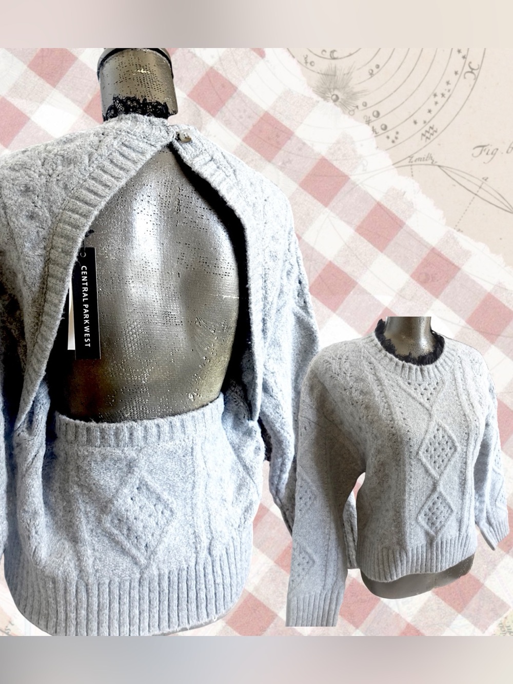 Central Park West Heather Gray Cable-Knit Crewneck Sweater